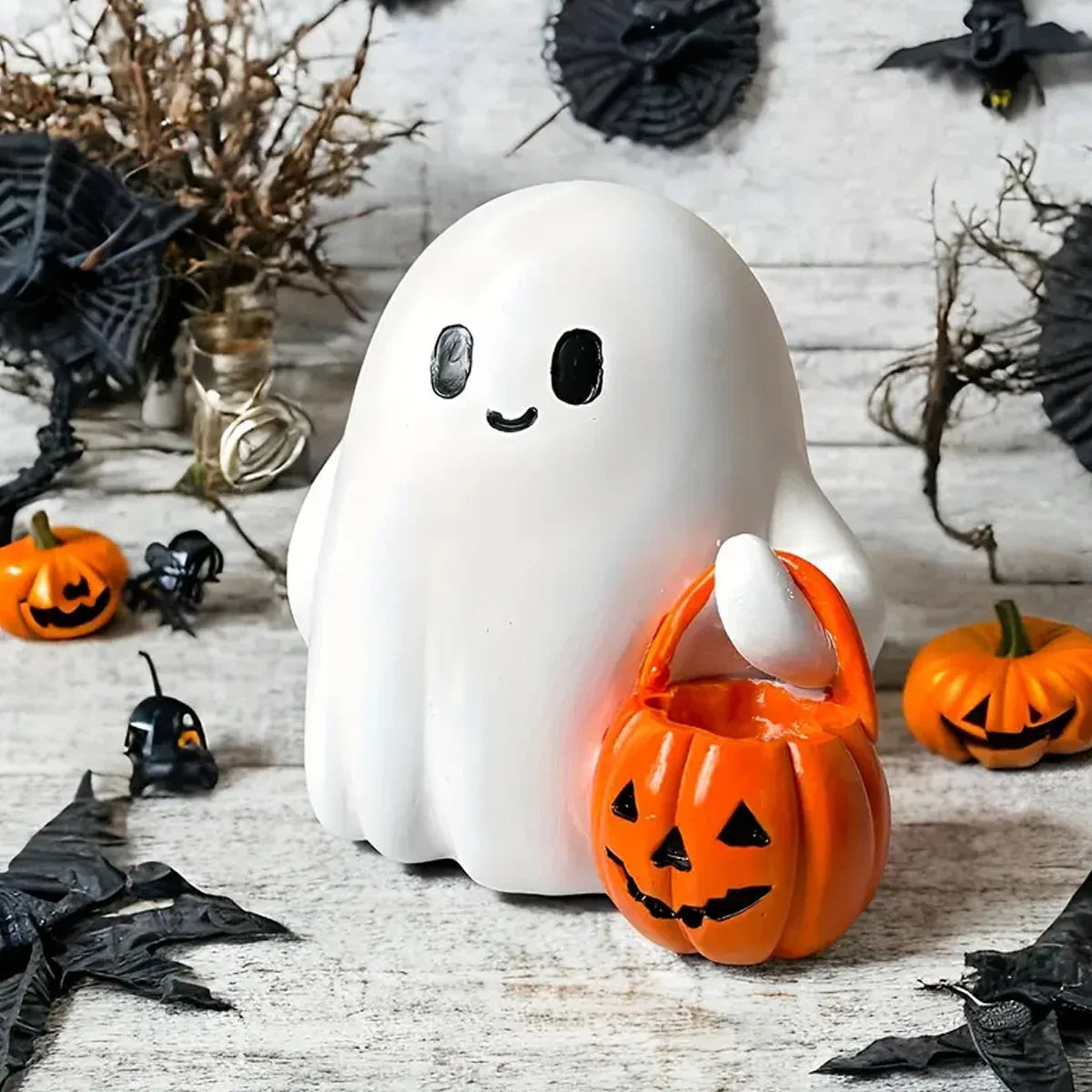 Cute Ghost Figurine with Pumpkin Bag - Luminous Resin Ghost Halloween Statue Desktop Ornament,For Halloween Decoration