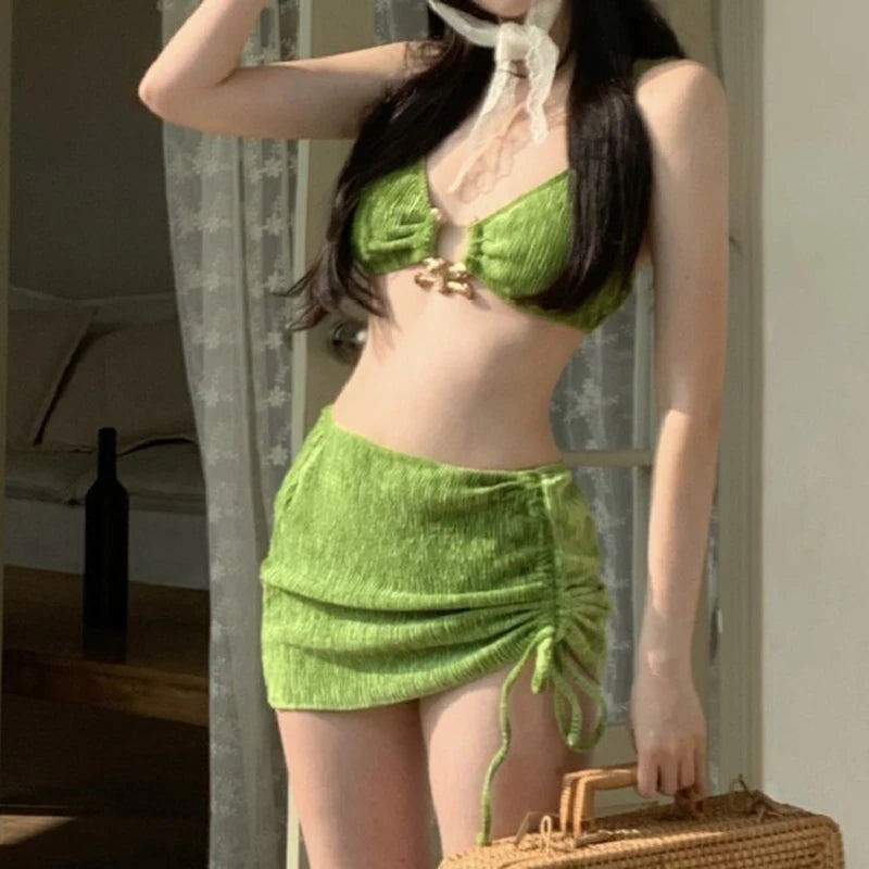 Sexy 3 Piece Bikini Swimsuit Women Sexy Hollow Out Split Bikinis Drawstring Mini Skirts Beach Vacation Bathing Suit Biquini Set