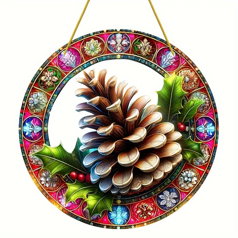 Flower Suncatcher, Stained Window Hanging, Acrylic Sign, Winter Decor, Round Sign, Wreath Sign, Wreath Center, Christmas Gift