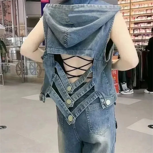 Fashion Fashion Backless Hooded Denim Vest 2025 Spring Summer Autumn New Korean Women's Vest Jacket Sleeveless Denim Jacket Top