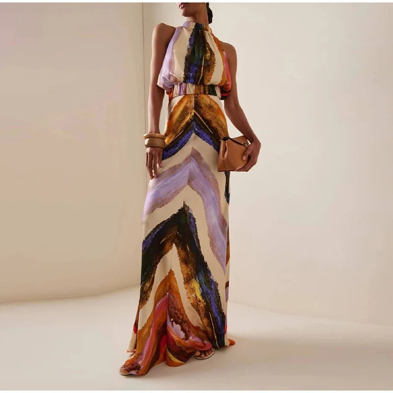 Painterly Print Satin Co-ord Set Sleeveless High Neck Crop Top Slim Fit Maxi Skirt Women's Elegant Chic Party Evening Outfit