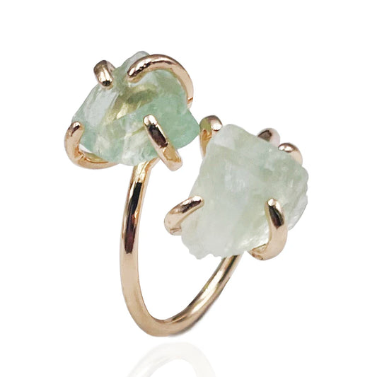 Irregular Fluorite Crystal Open Cross Ring for Women Girls Claw Setting Gold-color Boho Rough Stone Finger Jewelry Resizable