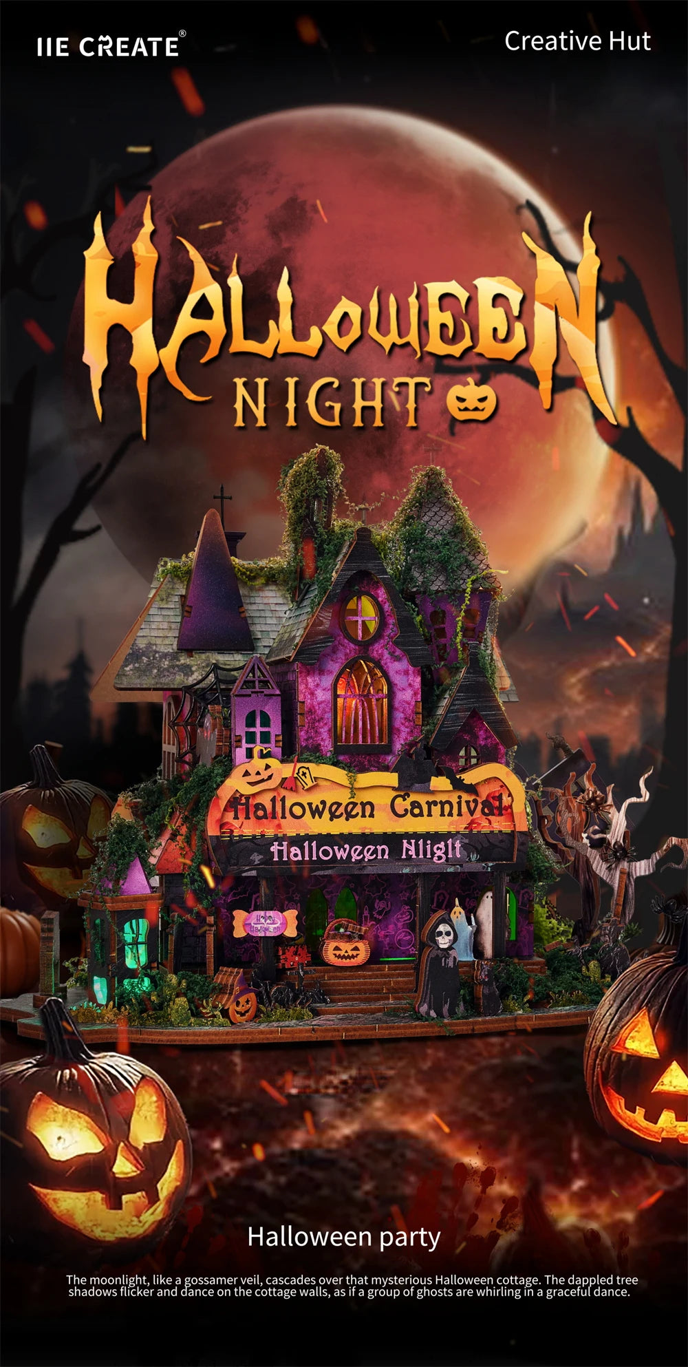 Retro DIY Wooden Halloween Night House Figurines Miniatures Kits With LED Lights Home Desk Decoration For Adult Handmade Gifts