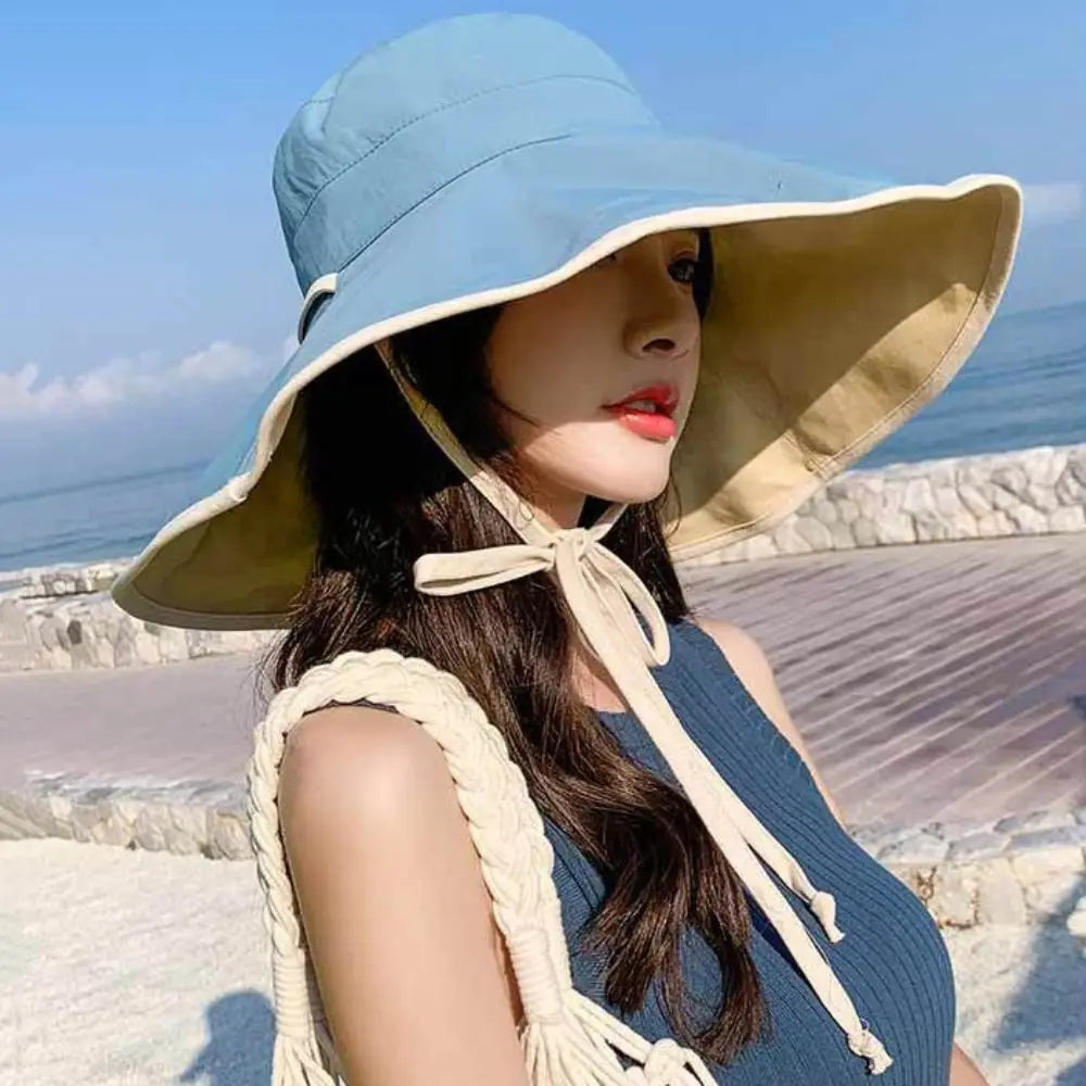 Solid Color Wide Brim Sun Hat Korean Style Anti-UV Sun Protection Hat Fisherman Hat with Neck Rope Women Bucket Hat Ladies