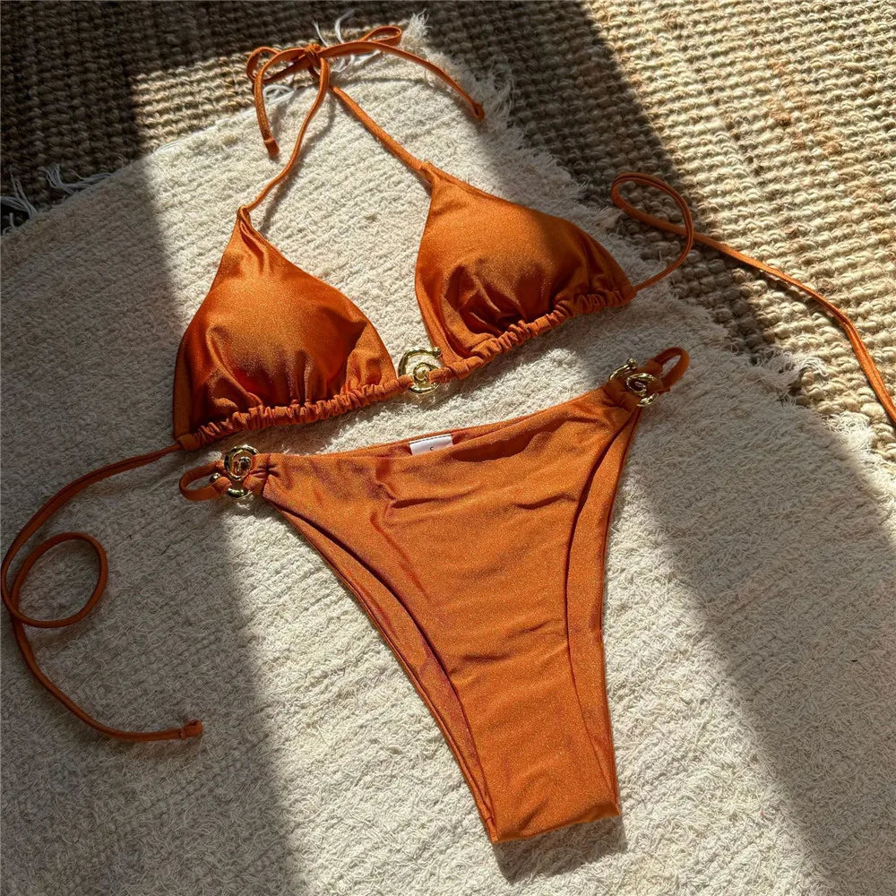 Solid Orange Swimwear Metal Ring String Halter Triangle Micro Bikini Thong Sexy Swimsuit Women 2025 Bathing Suit Bikinis Sets