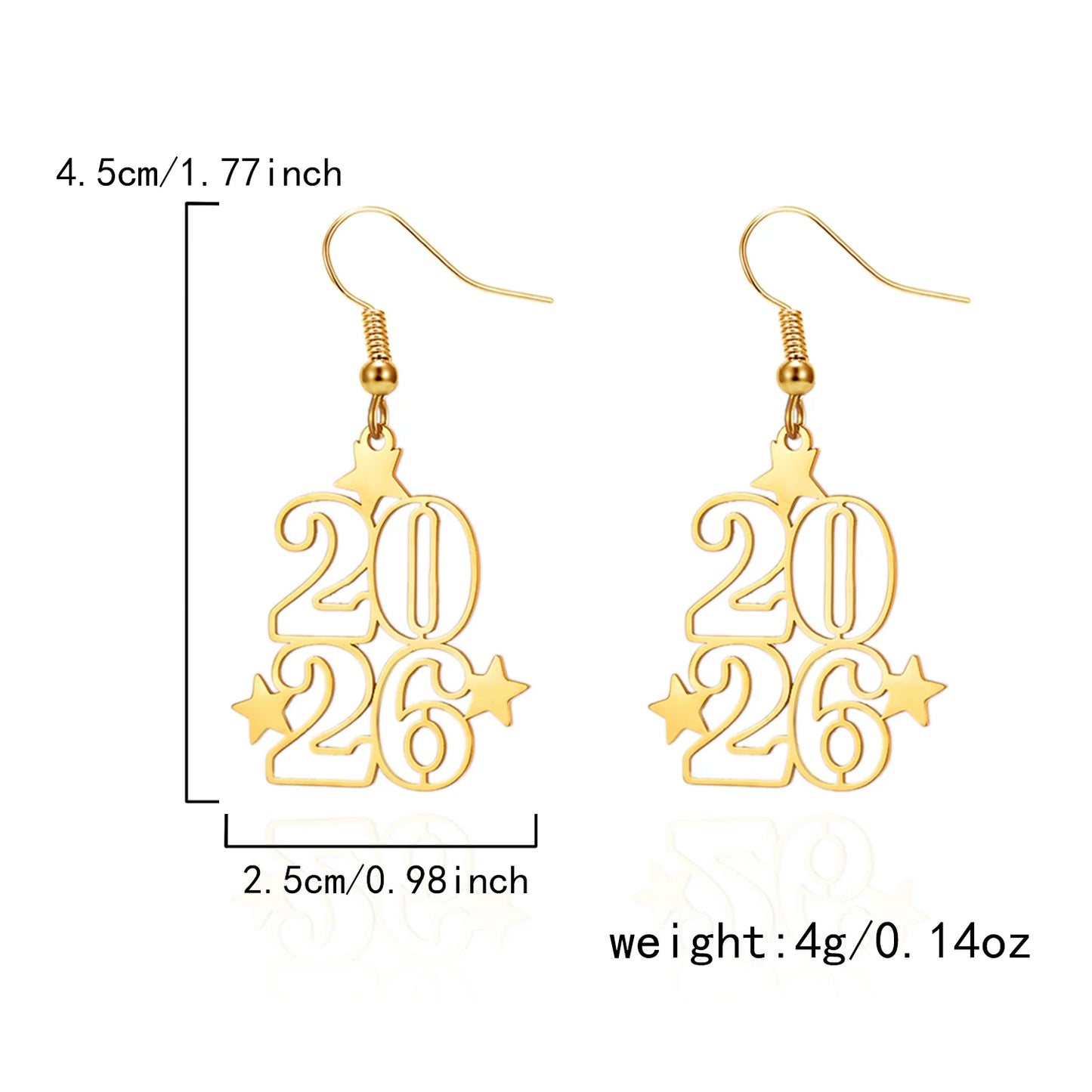 2026 Number Gold Color Stars Drop Earrings for Women Geometric Dangle Hanging Earrings Party New Year Jewelry Gifts
