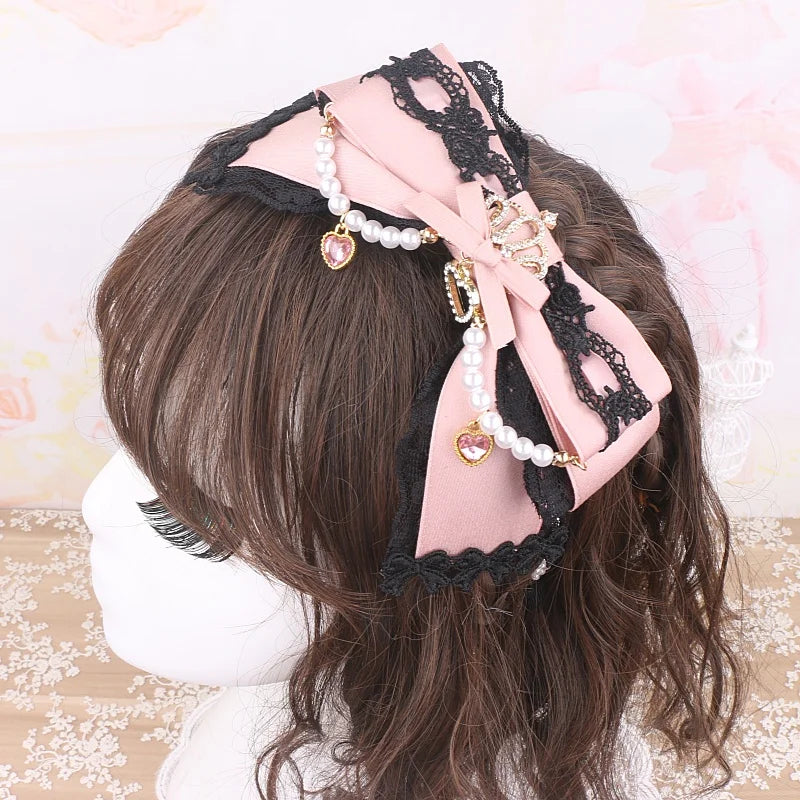 Japanese Luxury Lolita Hairband Headdress Handmade Big Bow Lace Crown Rhinestone Beaded Hair Accessories Hair Hoop for Women