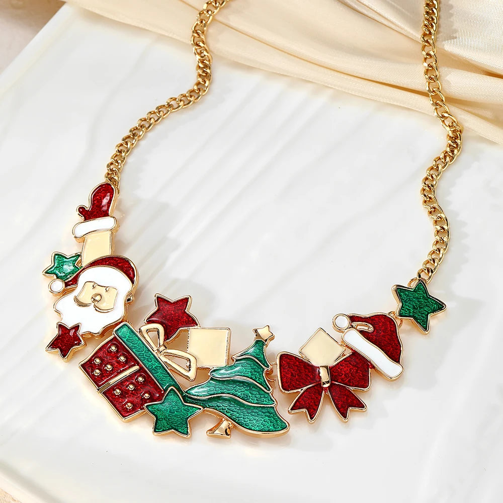 Christmas Gift Santa Claus Christmas Tree Necklace Cute Elastic Bracelet Stainless Steel Ear Pin Alloy Drop Glaze Earring Set