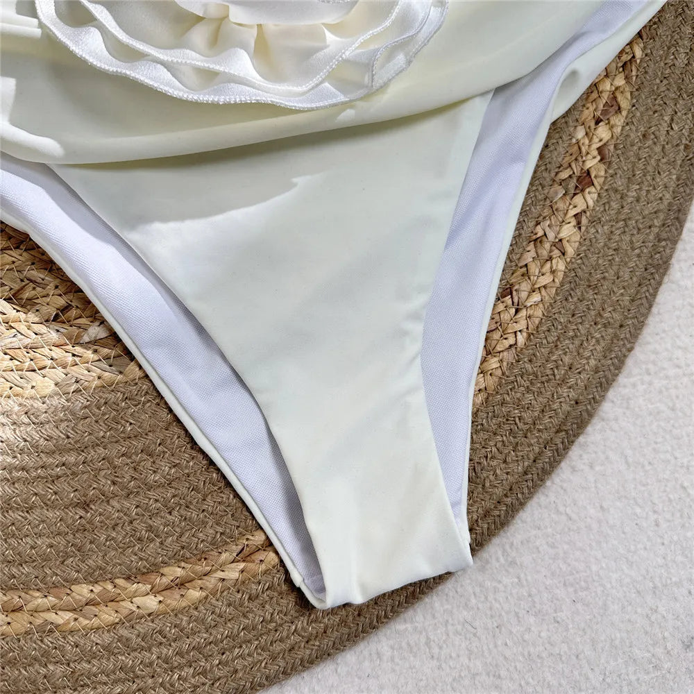 Sexy Red 3D Flower Swimwear Halter Bandeau Bikinis Sets High Wiast Swimsuit 2025 Women Ruched Bathing Suit Bikini Mujer Bather