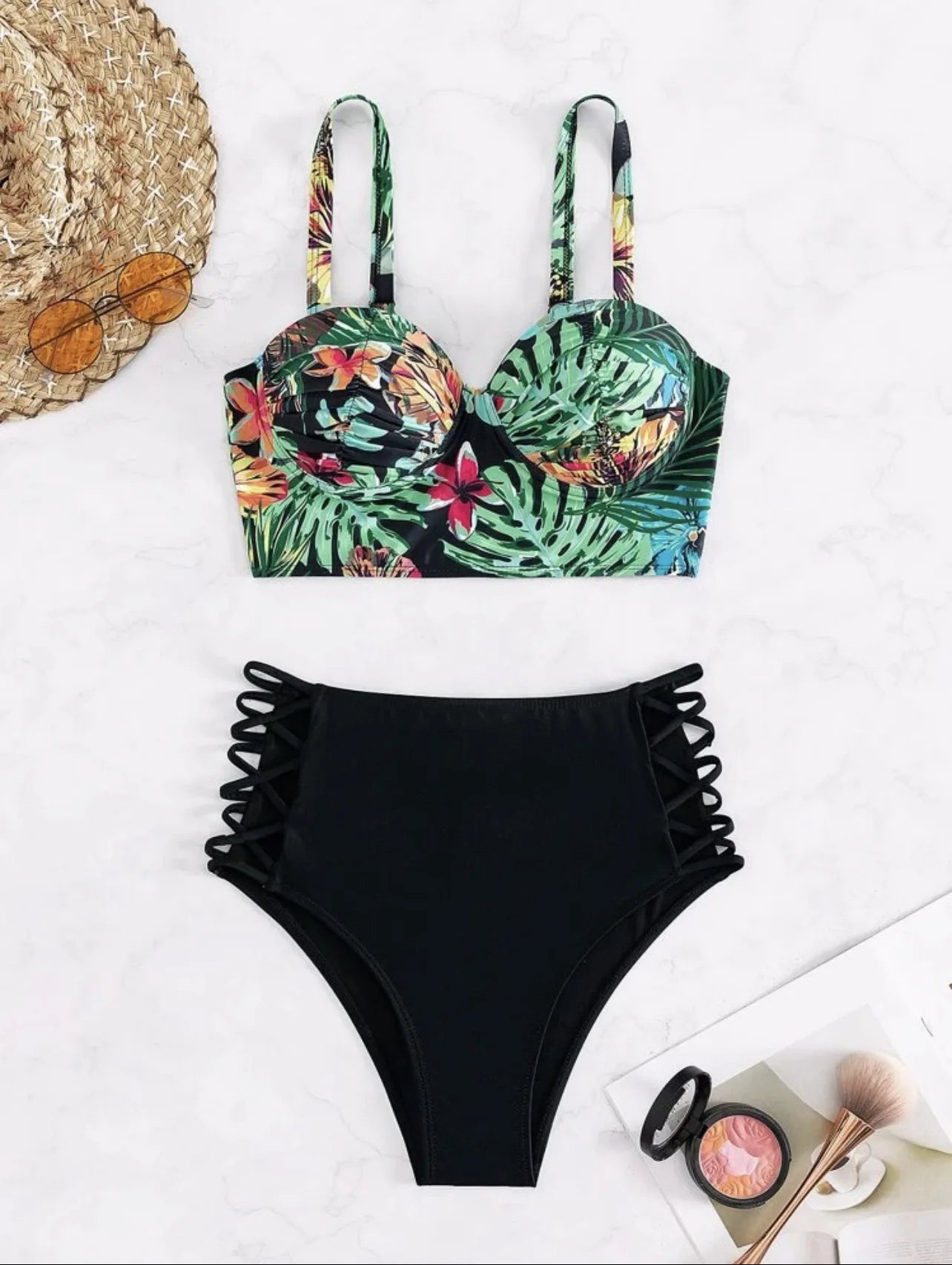Cikini-Tropical Print Criss Cross Push Up Bikinis Set, High Waist Split Swimwear, Summer Swimsuit, Bathing Suit for Women, 2 Pcs
