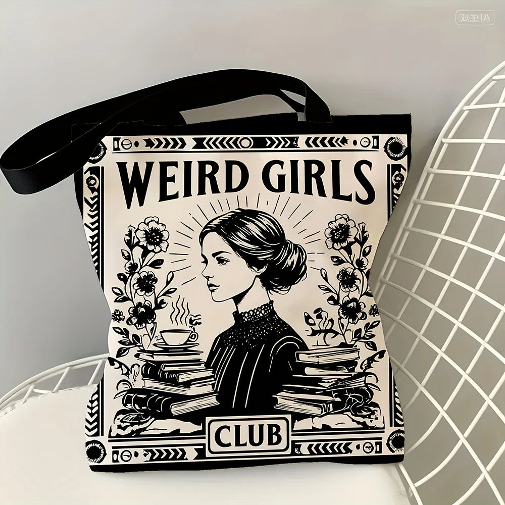 1pc Weird Girls Club Tote Bag Stylish Black & White Floral Design Daily Casual Use Shoulder Bag Christmas Gift for Best Friends