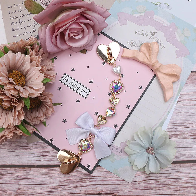 Japanese Sweet Cute Handmade Rhinestone Bow Hairpin Pearl Lace Hairclips Lolita Women Girls Side Clip Bag Pendant Handbag Charms