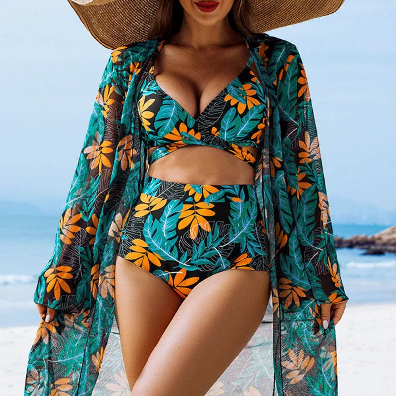 2025 Sexy Print Female High Waist Swimsuits Women's Bikinis Three-Piece Swimwear Beach Swimming Wear Bathing Suits Pool Bather