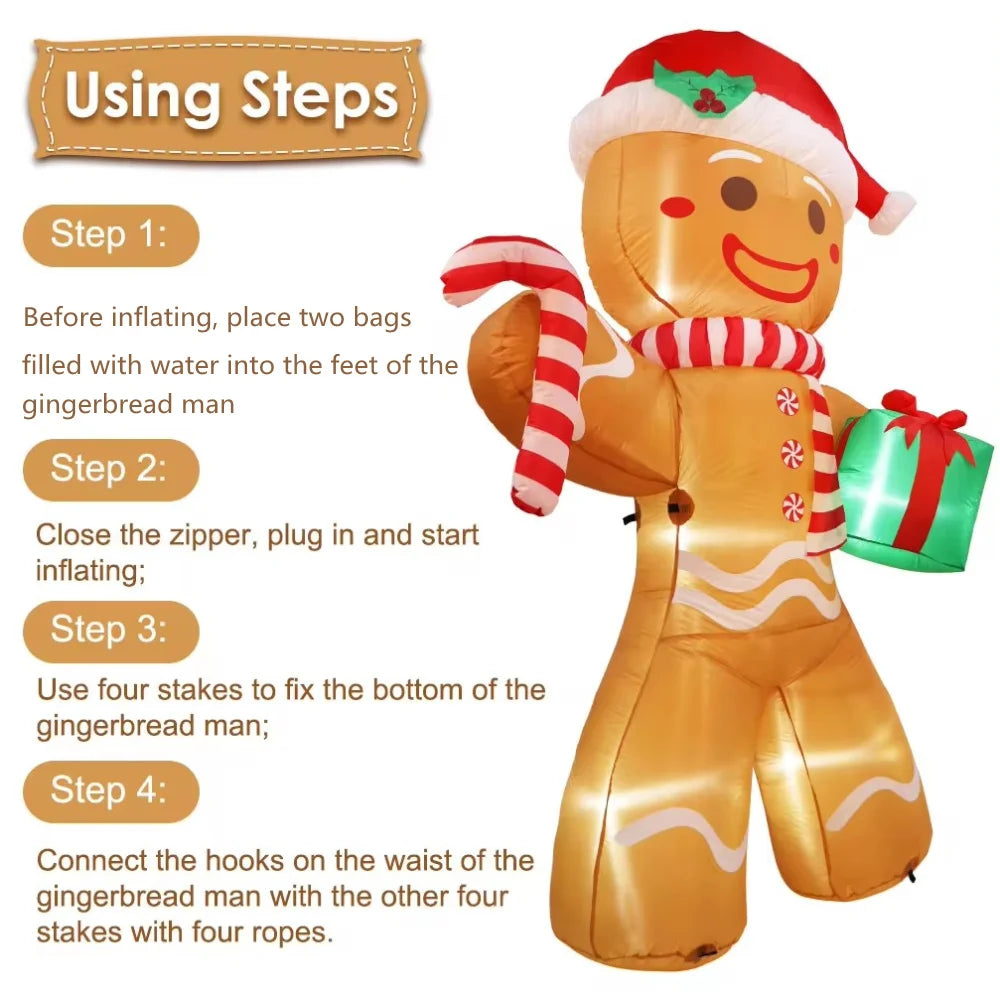 8FT/2.4M Christmas Inflatables Gingerbread Man with Gift Pack Outdoor Decorations Xmas Yard Decorations with LED Lights for Lawn