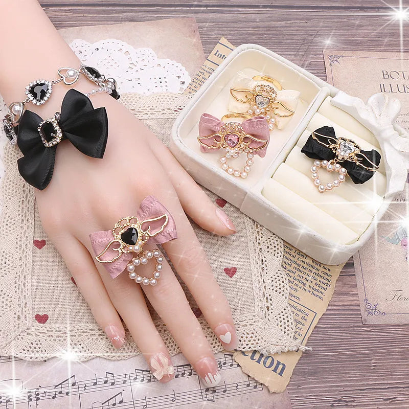 Unique Handmade Women's Rings Lolita Gothic Accessories Sweet Cute Wings Bow with Heart Pendant Jirai Ring for Y2K Girl