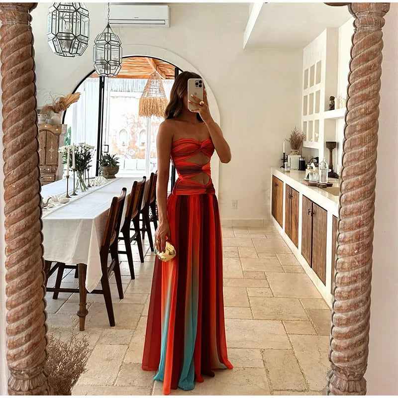 Sexy Printed Gradient Strapless Cut Out Dress Women's Backless Off Shoulder A-line Robes Female Summer Holidays Beachwear 2025