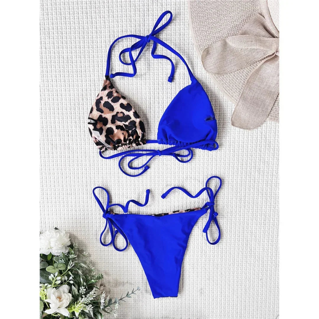 Halter Splicing Leopard Bikinis 2025 Satin Bikini Female Swimsuit Women Swimwear Two-pieces Bikini Set Micro Bathing Suit Swim