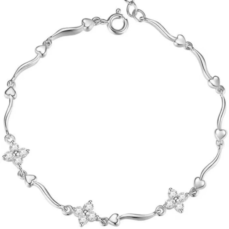 ANENJERY Sparkling Zircon Four Leaf Flower Chain Bracelet Light Luxury Design for Women Niche Simple Desgin Party Jewelry Gifts