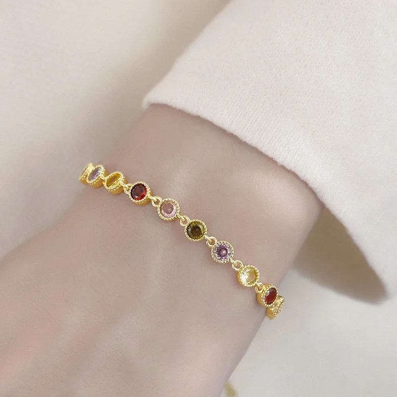 925 Sterling Silver Rainbow Zircon Round Chain Charms Bracelets Woman Couple Designer Jewelry Accessories Wholesalea Jewellery