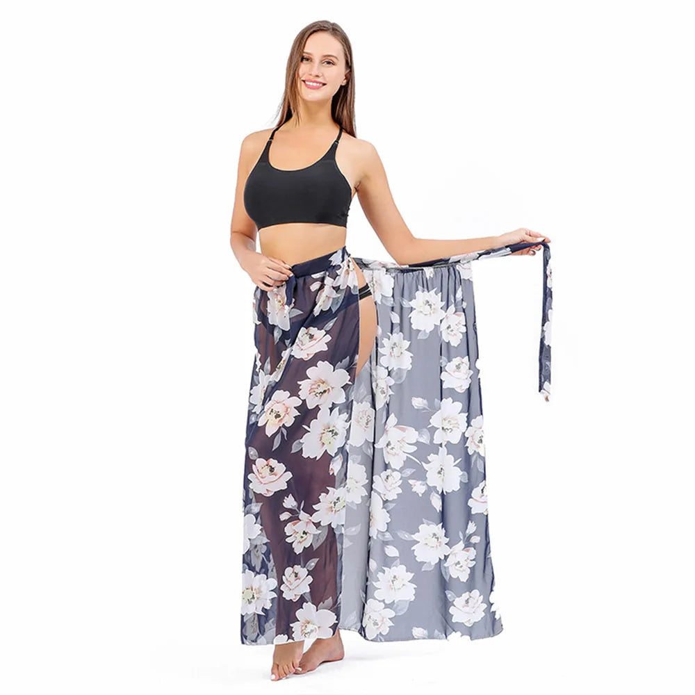 Women Long  Print Sarongs Swimsuit Coverups Beach Bikini Wrap Sheer Long Skirt Chiffon Scarf Cover Ups for Swimwear