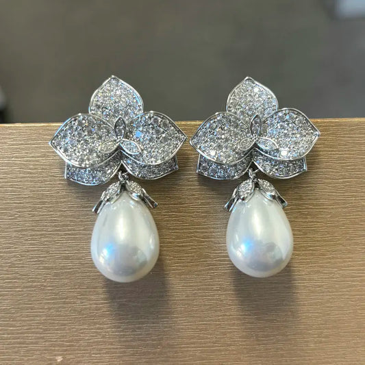 Bilincolor Purple Flower and Pearl Earring for Women Fashion Jewelry