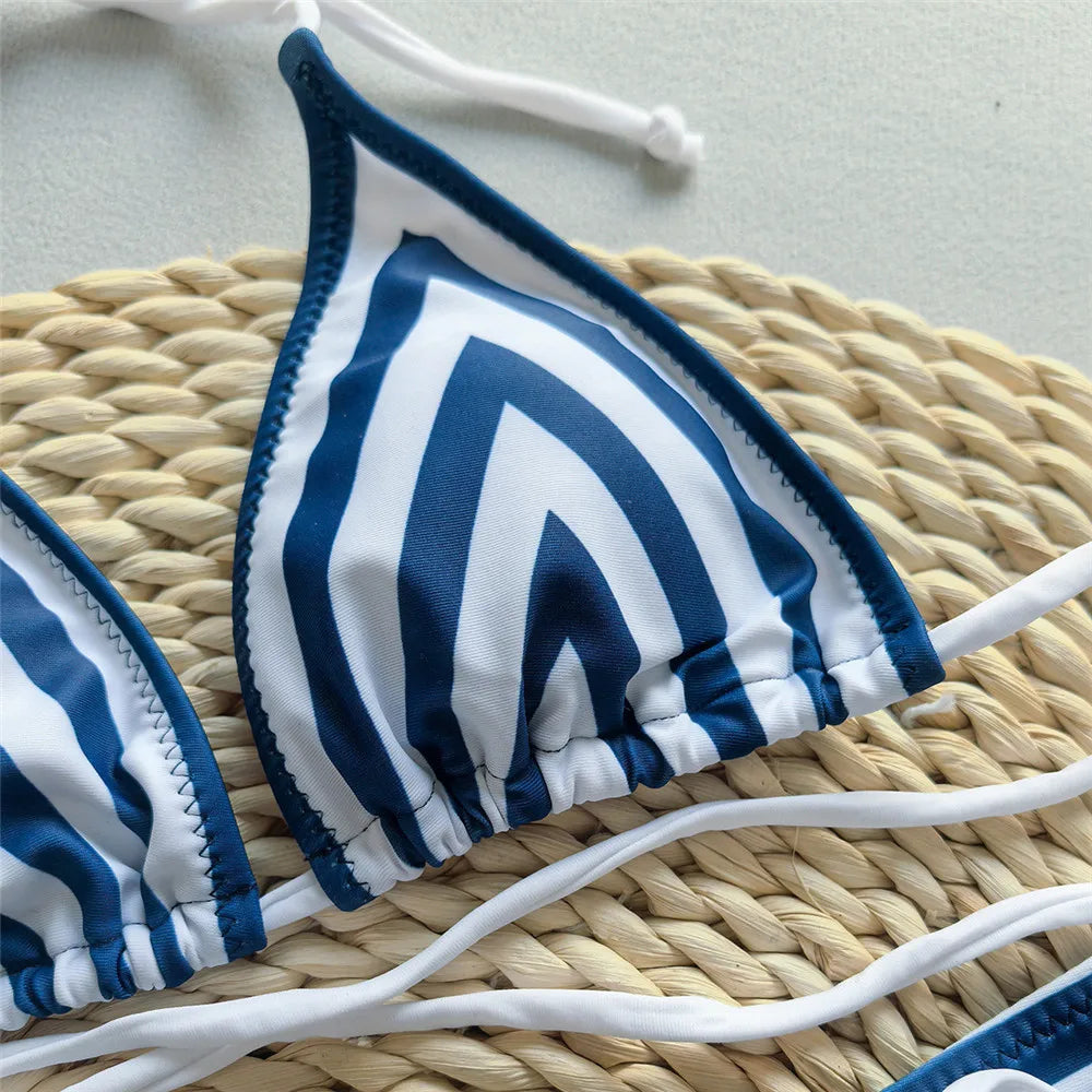 Blue Striped Print String Halter Micro Bikini Thong Sexy Swimsuit Cover Ups Women Holiday Swimwear Beach Wear Bikinis Sets 2025
