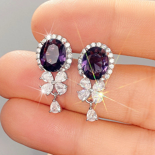 Huitan Gorgeous Purple Cubic Zirconia Dangle Earrings for Women Exquisite Birthday Gift Fashion Accessory Wedding Party Jewelry