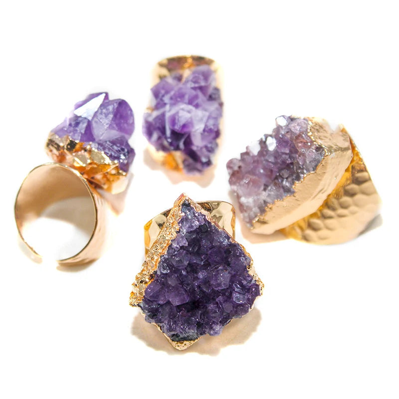 Irregular Rough Amethyst Stone Ring for Women Purple Crystal Cluster Gemstones Jewelry Open Finger Jewelry