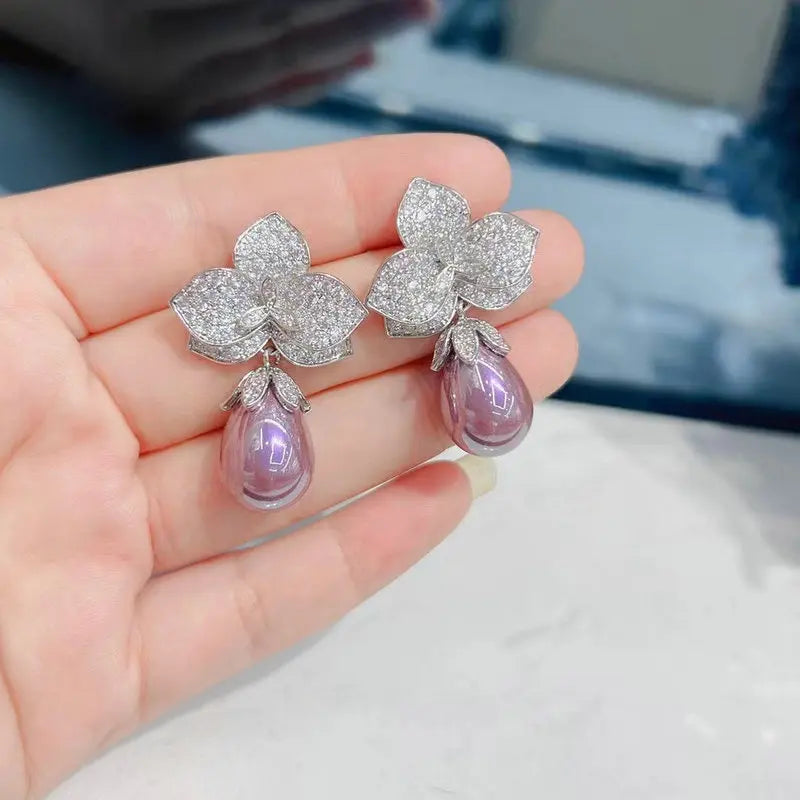 Bilincolor Purple Flower and Pearl Earring for Women Fashion Jewelry