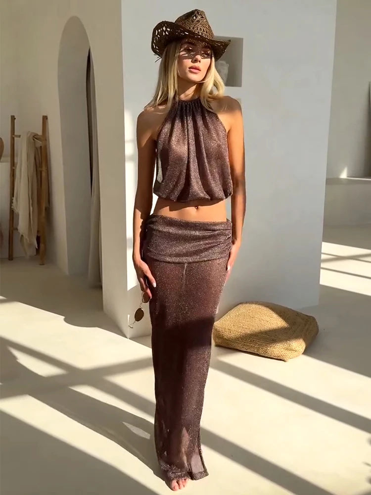 Sexy Knit Sets Backless Wrap Lace-up Top Chic Beach Half Skirt Two-piece Swimsuit Cover Up 2025 Summer Women's Party Outfit K167