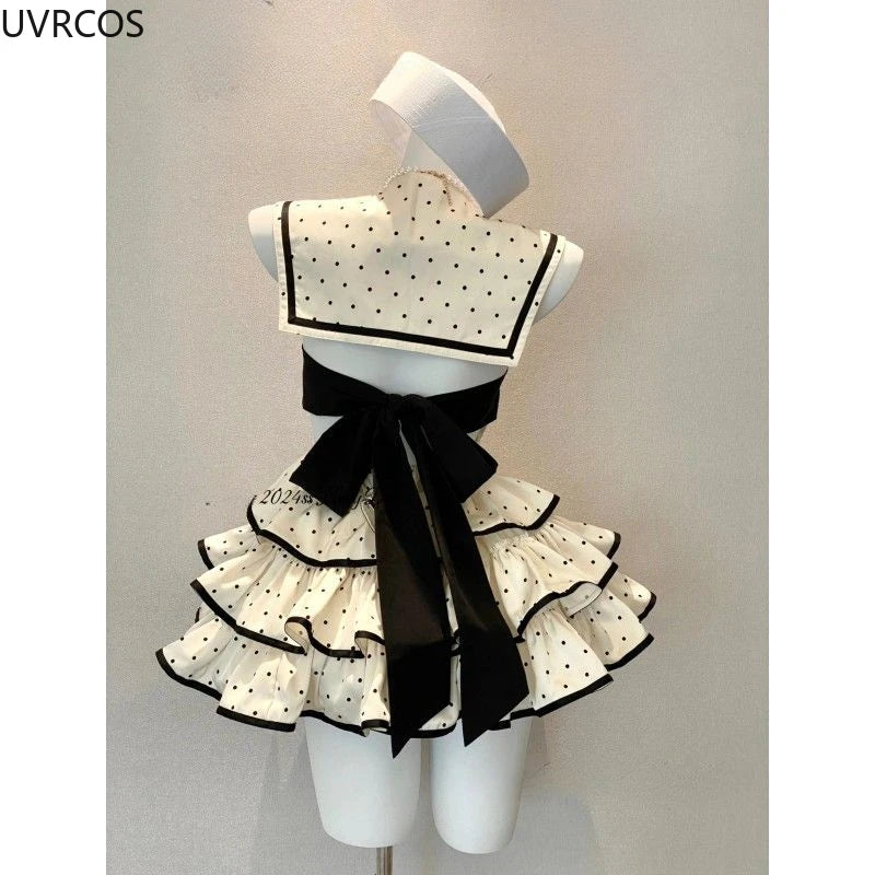 Japanese Gothic Y2k Lolita Dress Wome Preppy Style Polka Dot Print Sailor Collar Backless Dresses Girls Elegant Party Mini Dress