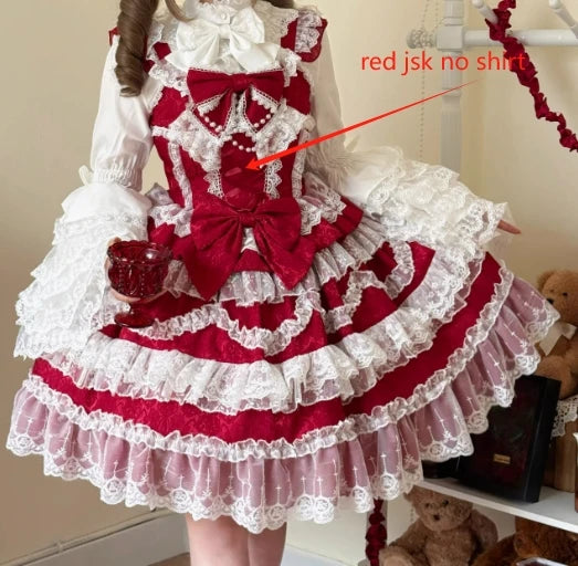 Original Lolita Dress Cape Set New Spring Autumn Sweet Girl Lace Princess Jsk Cake Dress Fairy Suspender Dress Shirt Outfit