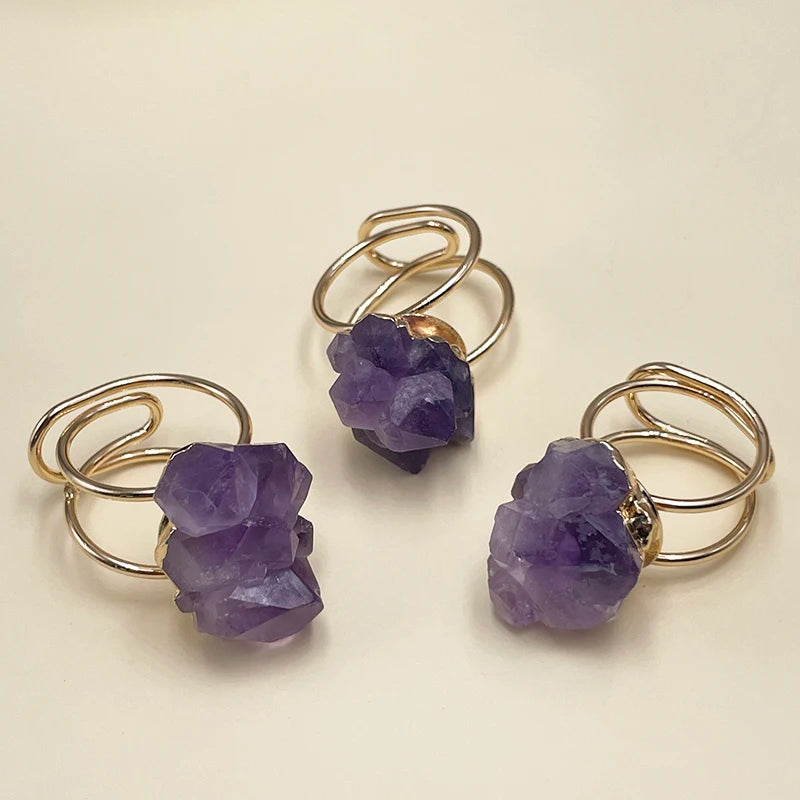 Irregular Raw Amethyst Open Ring for Women Girls Purple Crystal Gemstones Finger Jewelry Resizable