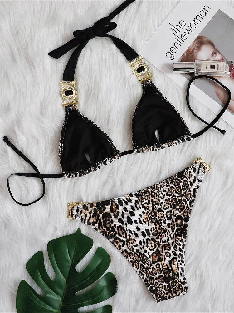 Ribbed Leopard Bikinis Diamond Bikini 2025 Women Swimwear Female Swimsuit Two-pieces Bikini Set Halter Bathing Suit Swim Lady