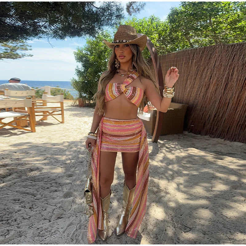 Knit Sequin Sexy One Shoulder Skirt Women Set colorful Crop Top Draped Mini Skirts Slim Bodycon 2 Pieces Sets Lady beachwear