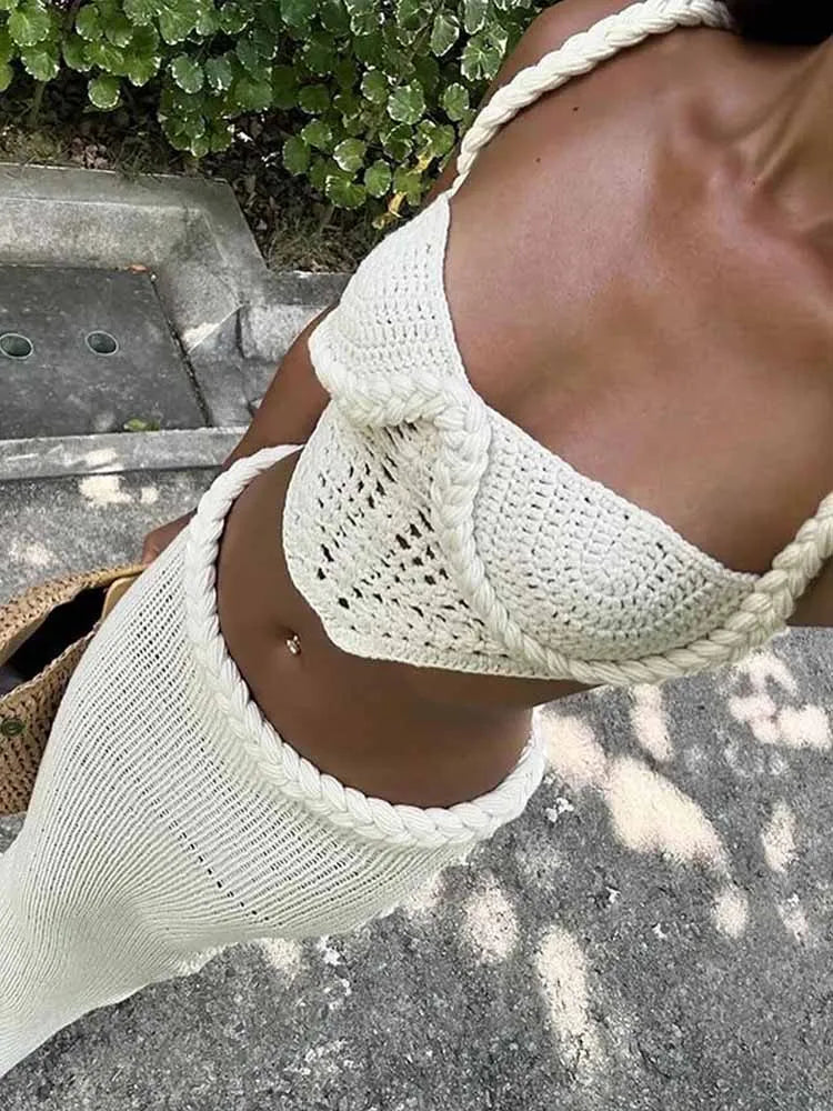 BKQU Crochet Knit Skirts Set Women Sexy Hollow Out Lace Up Crop Tops Hip Package Split Long Skirt Elegant 2 Pieces Beach Outfits