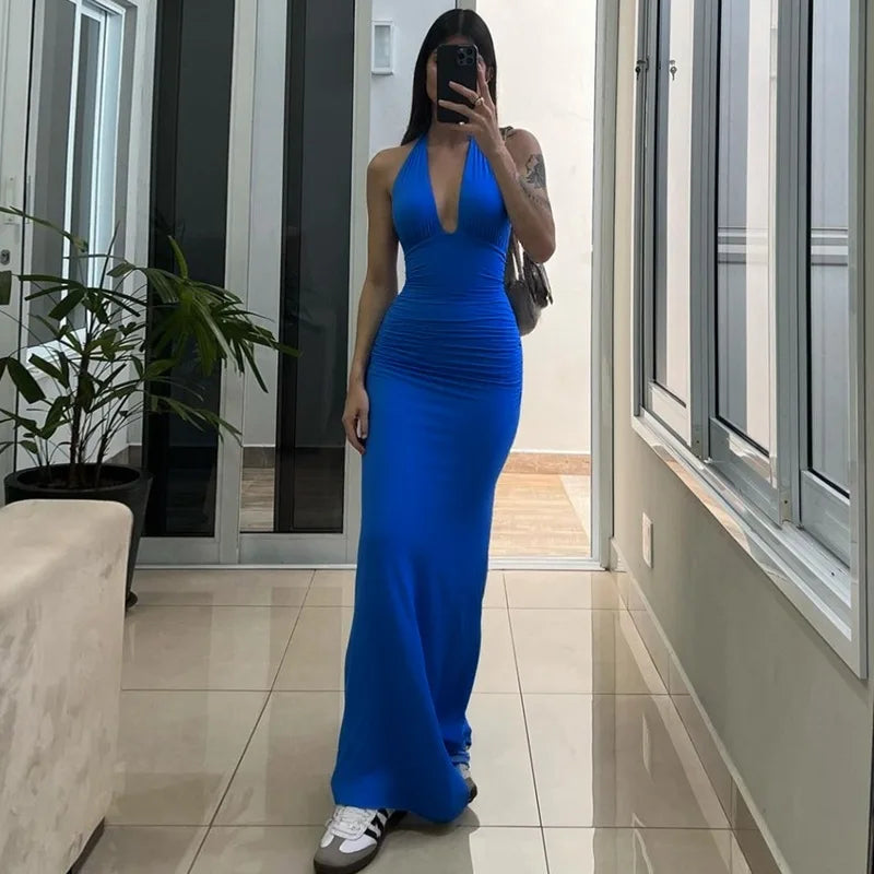 Tornova Halter Backless Long Dress For Women Solid Deep V neck Sexy Vacation Dress Lace Up High Waist Fashion Female Slim Dress