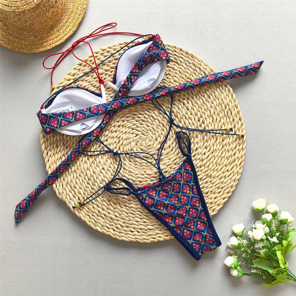 Blue Vintage Print String Thong Micro Bikini Push Up 2025 Sexy Swimsuit Women Back Knotted Swimwear Bathing Suit Bikinis Sets