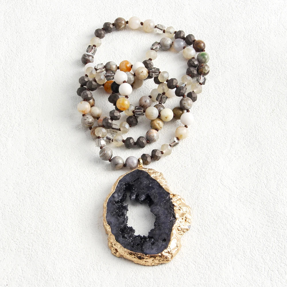 RH 2025 New Fashion Bohemian Style Natural Stone Glass Hematite Knotted Exaggerated Irregular Multicolor Druzy PendantNecklace