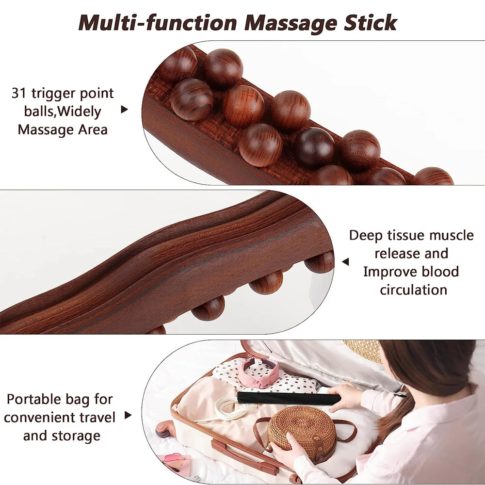 Guasha Wood Stick Tool Wood Therapy Massage Tool for Body Shaping,31 Beads Back Massage Roller Stick,Lymphatic Drainage Massager