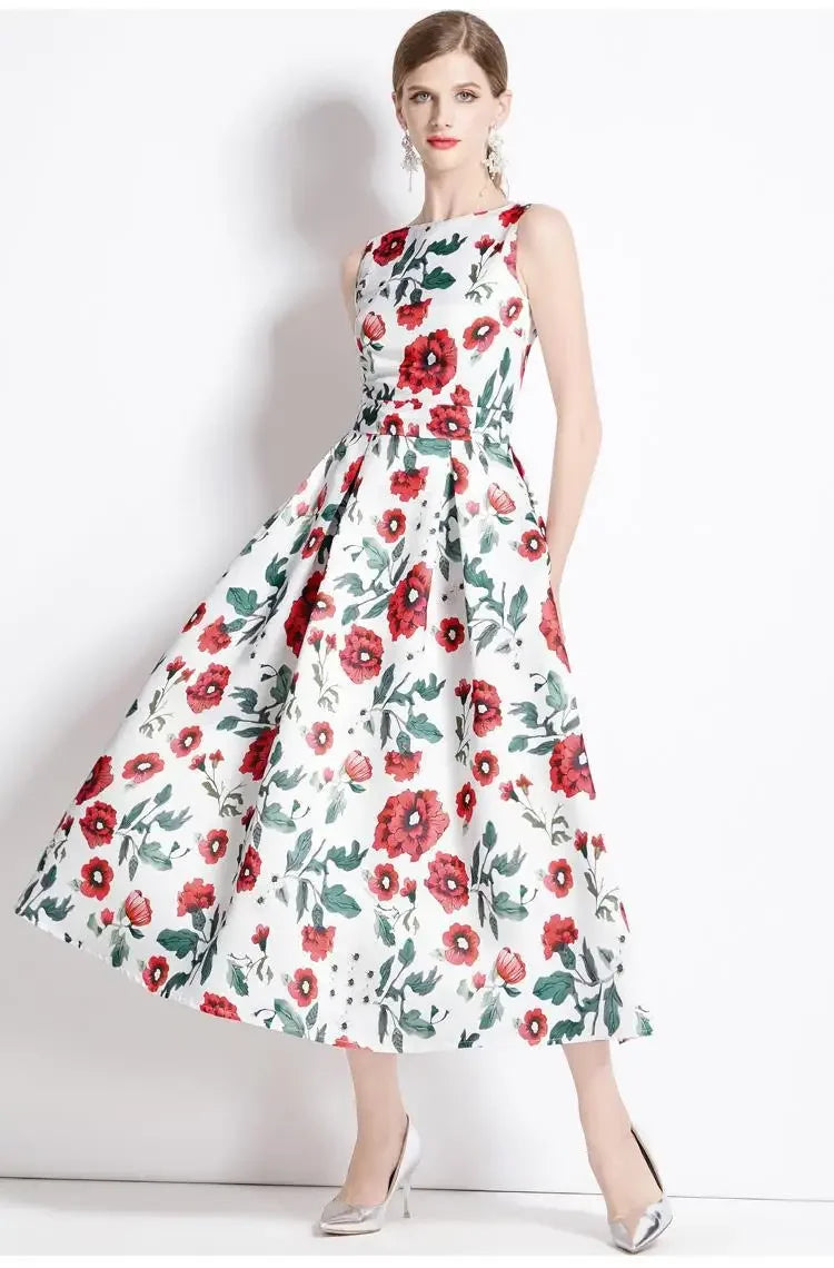 Summer New Long Floral Print Dress Big Hemline Slimming Fashionable Umbrella Skirt Style Sleeveless Women's Dress
