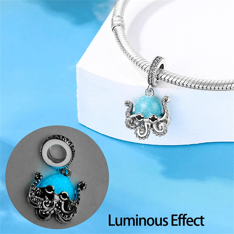 New 100% 925 Sterling Silver Ocean Luminous Sea Turtle Dolphin Octopus Charms Beads Fit Qikaola Original Bracelets DIY Jewelry