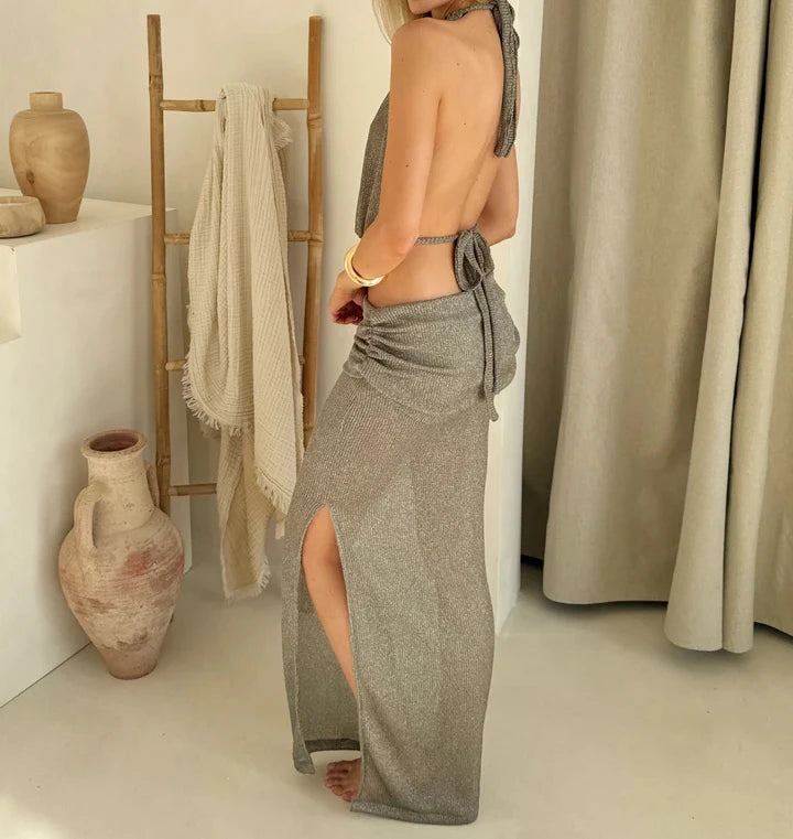 Sexy Knit Sets Backless Wrap Lace-up Top Chic Beach Half Skirt Two-piece Swimsuit Cover Up 2025 Summer Women's Party Outfit K167