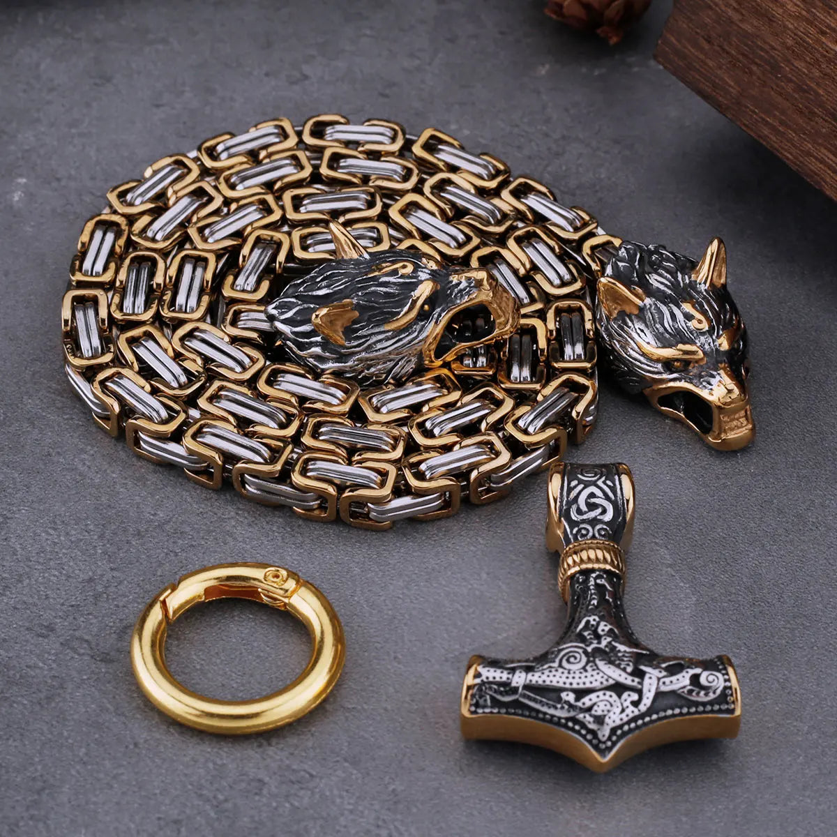 High Quality Viking Wolf Head Thor's Hammer Set Necklace Pendant Stainless Steel Biker Party Personality Men's Jewelry Gift