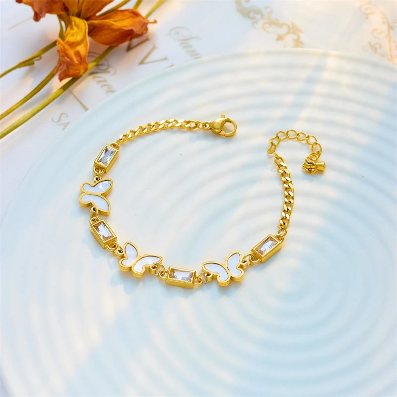 DIEYURO 316L Stainless Steel White Square Crystal Butterfly Charm Bracelet For Women New Fashion Girls Bangles Jewelry Gifts