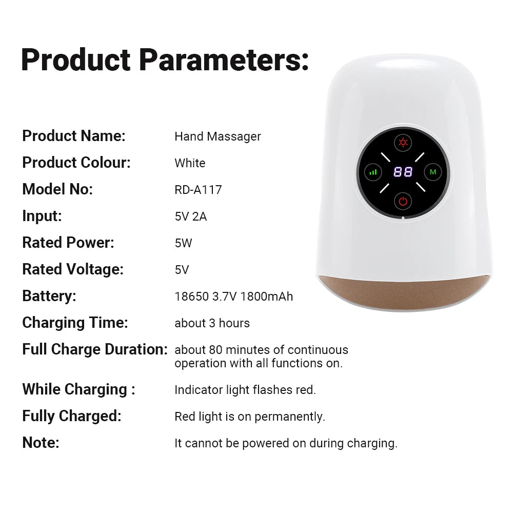 Electric Hand Massager with Air Compression Heat Cordless Palm Finger Massage Machine for Arthritis Finger Numbness Pain Relieve