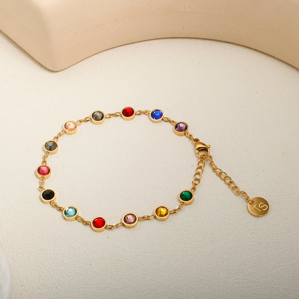 JINHUI Colorful Bejeweled Bangle Popularity TS Stainless Steel Bracelets for Women 12 Birthstones Rainbow Crystal Chain Jewelry