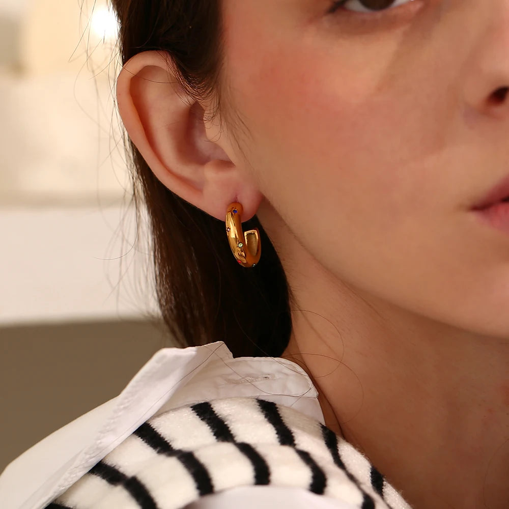 E B belle Official Store Stainless Steel Green Colorful 3A Zircon Stone Paved Hoop Earrings For Woman Golden Earring