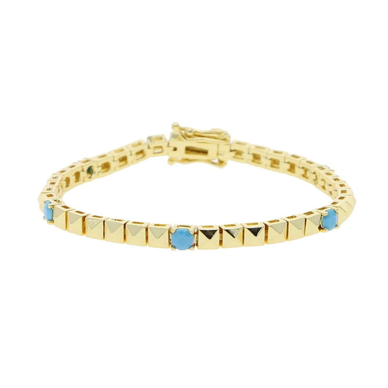 High Quality Simple Geometric Women Jewelry Fashion Gold Color White CZ Blue Turquoises Beaded Chain Bracelet Necklace