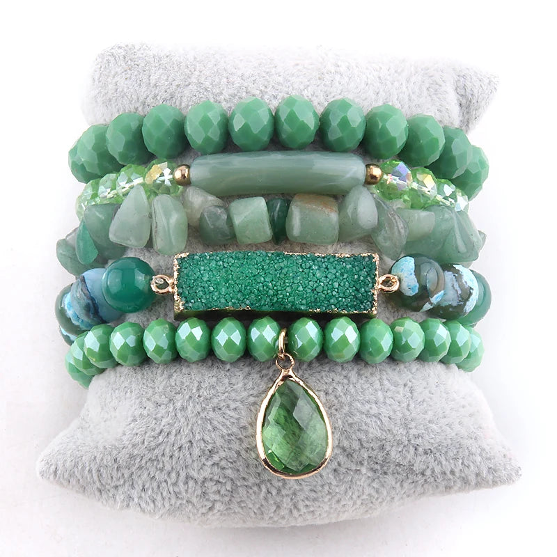 Fashion Beaded Boho Bracelet 5pc Green Natural Stone /Glass Stack Bracelet Sets For Women Boho Jewelry Gift